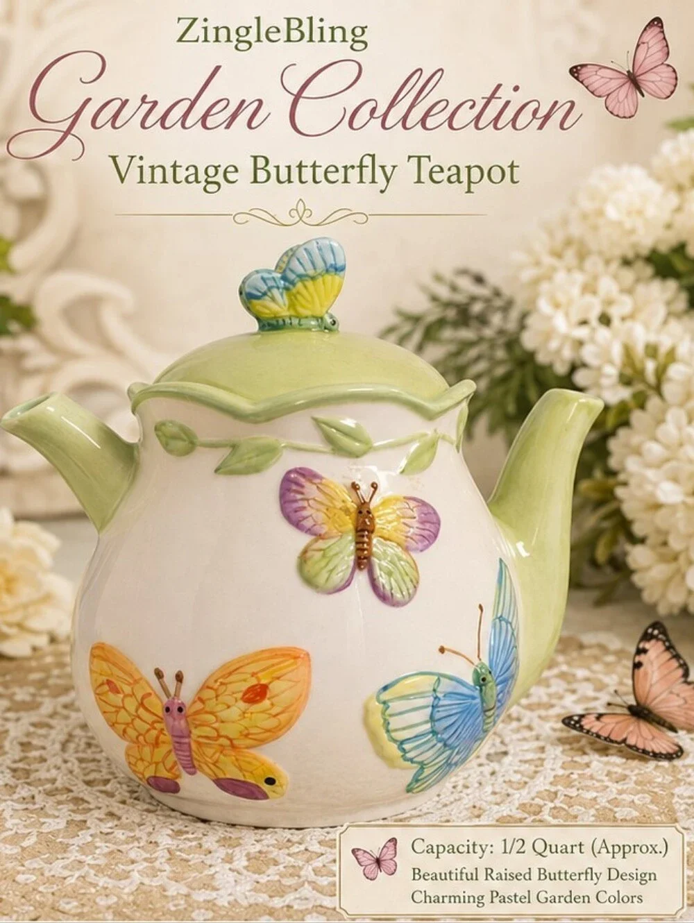 Vintage Butterfly Teapot Ceramic Accents & Occasions Cottagecore Spring Garden